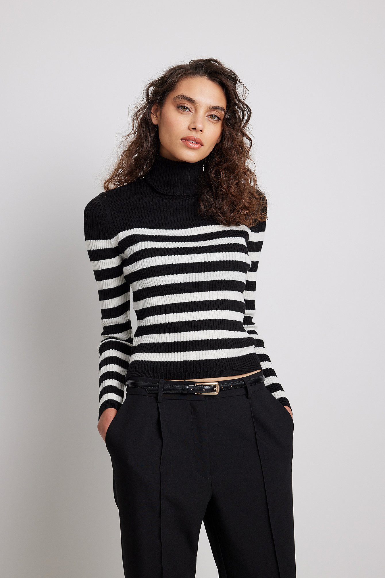 Black/White Fine Knitted Striped Turtleneck Sweater