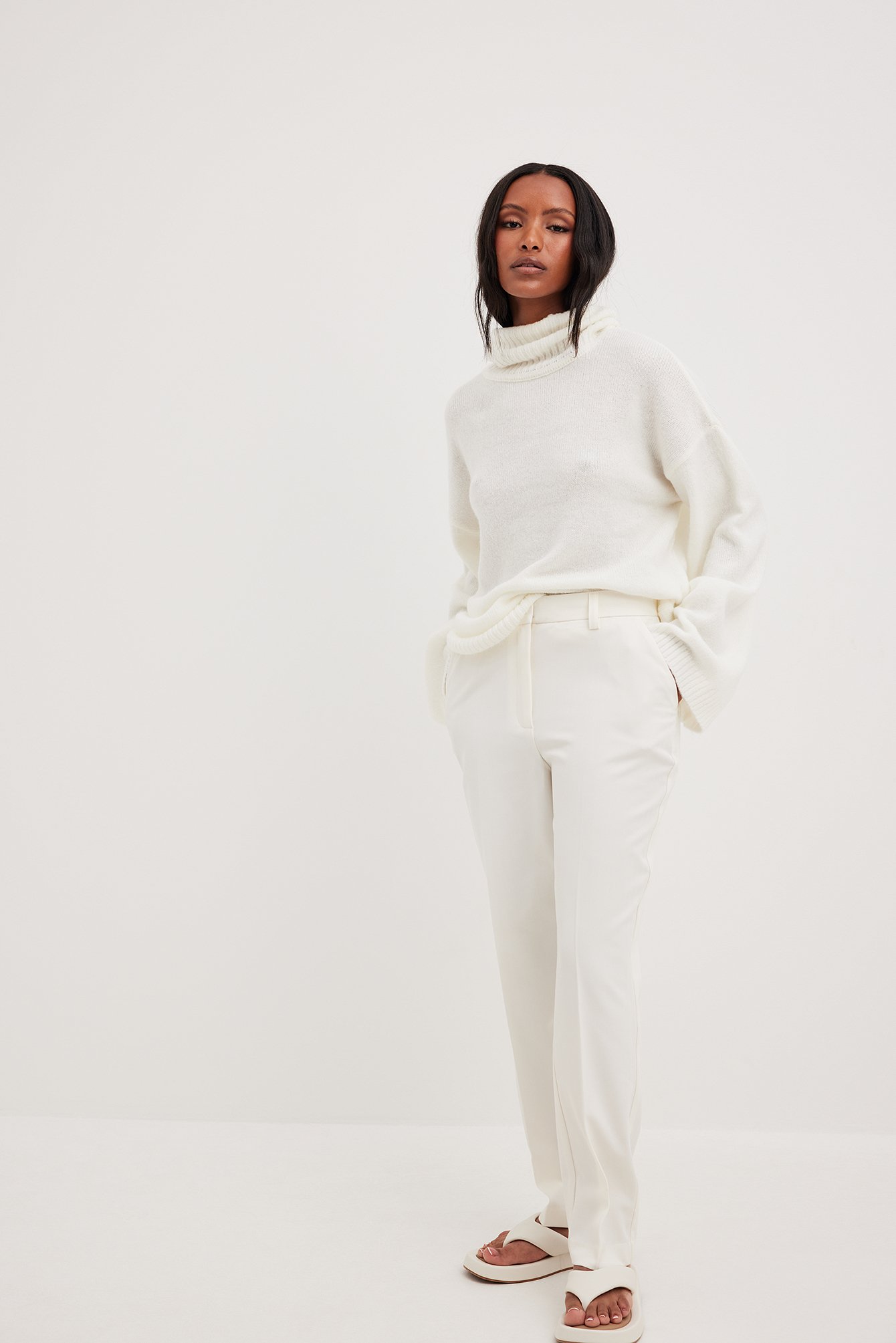White Heavy Ankle High Waist Suit Pants