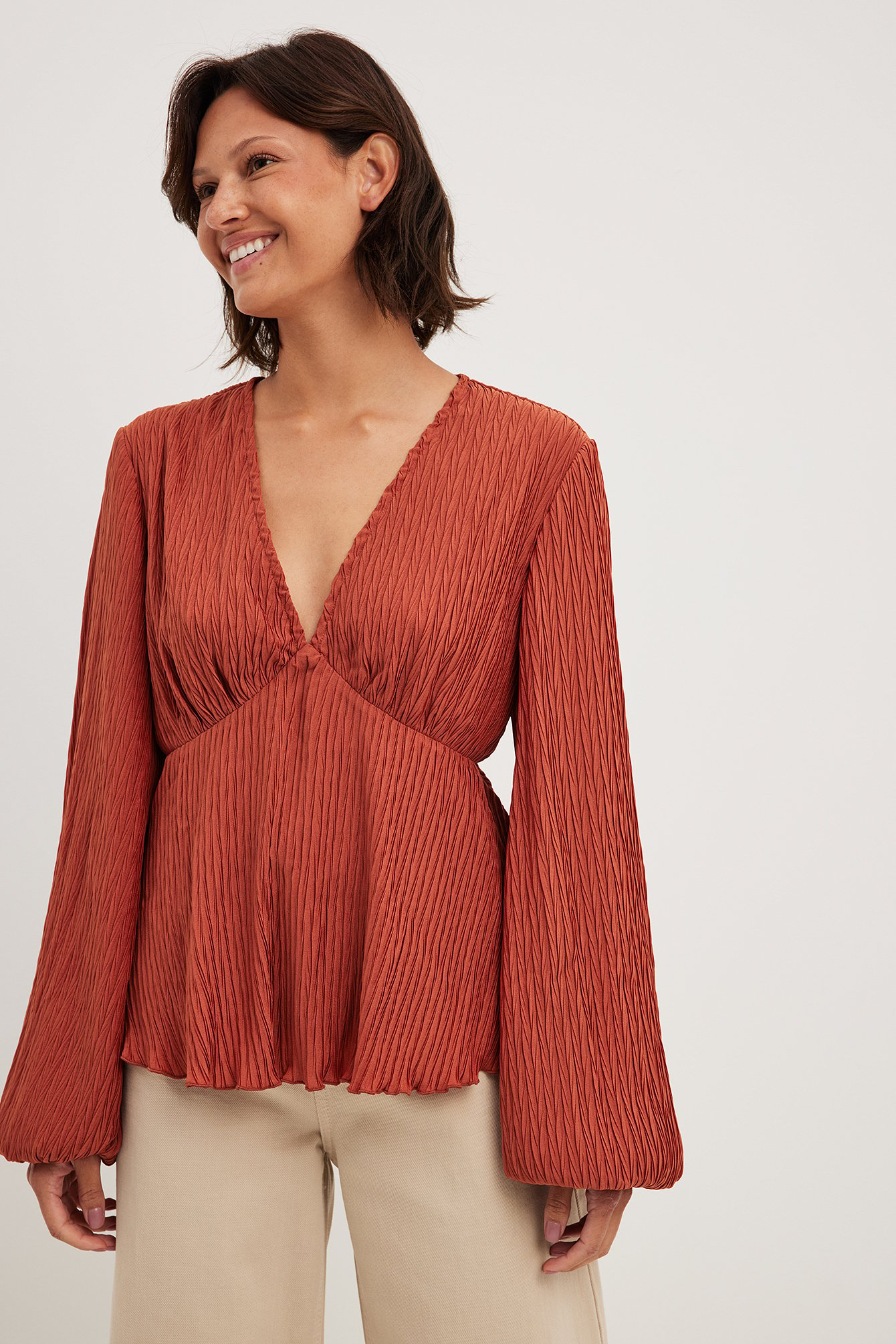 Rust Structured V-neck LS Blouse
