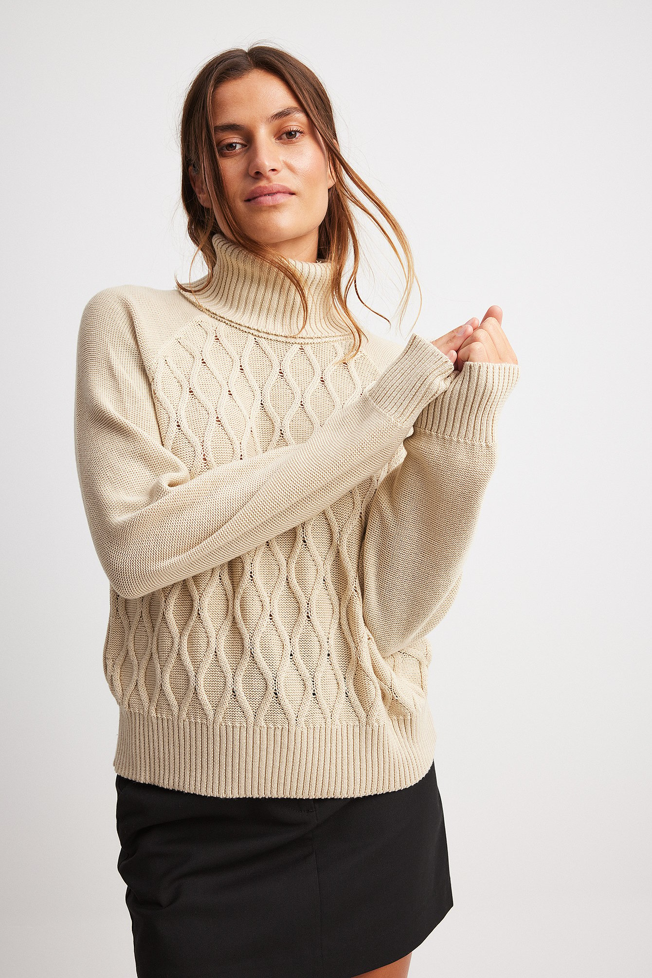 Beige Turtle Neck Knitted Cable Sweater
