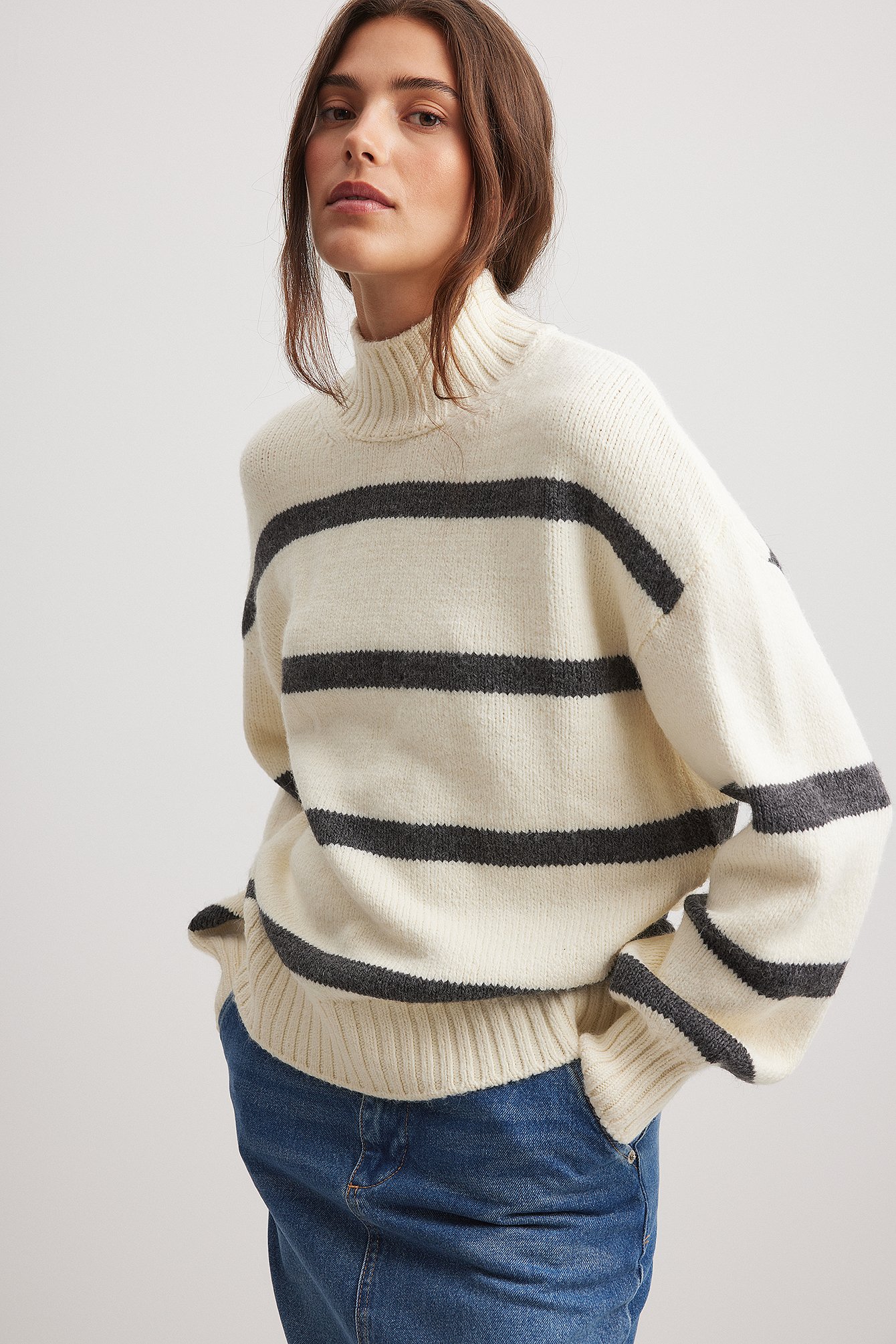 White/Grey Turtle Neck Knitted Striped Sweater