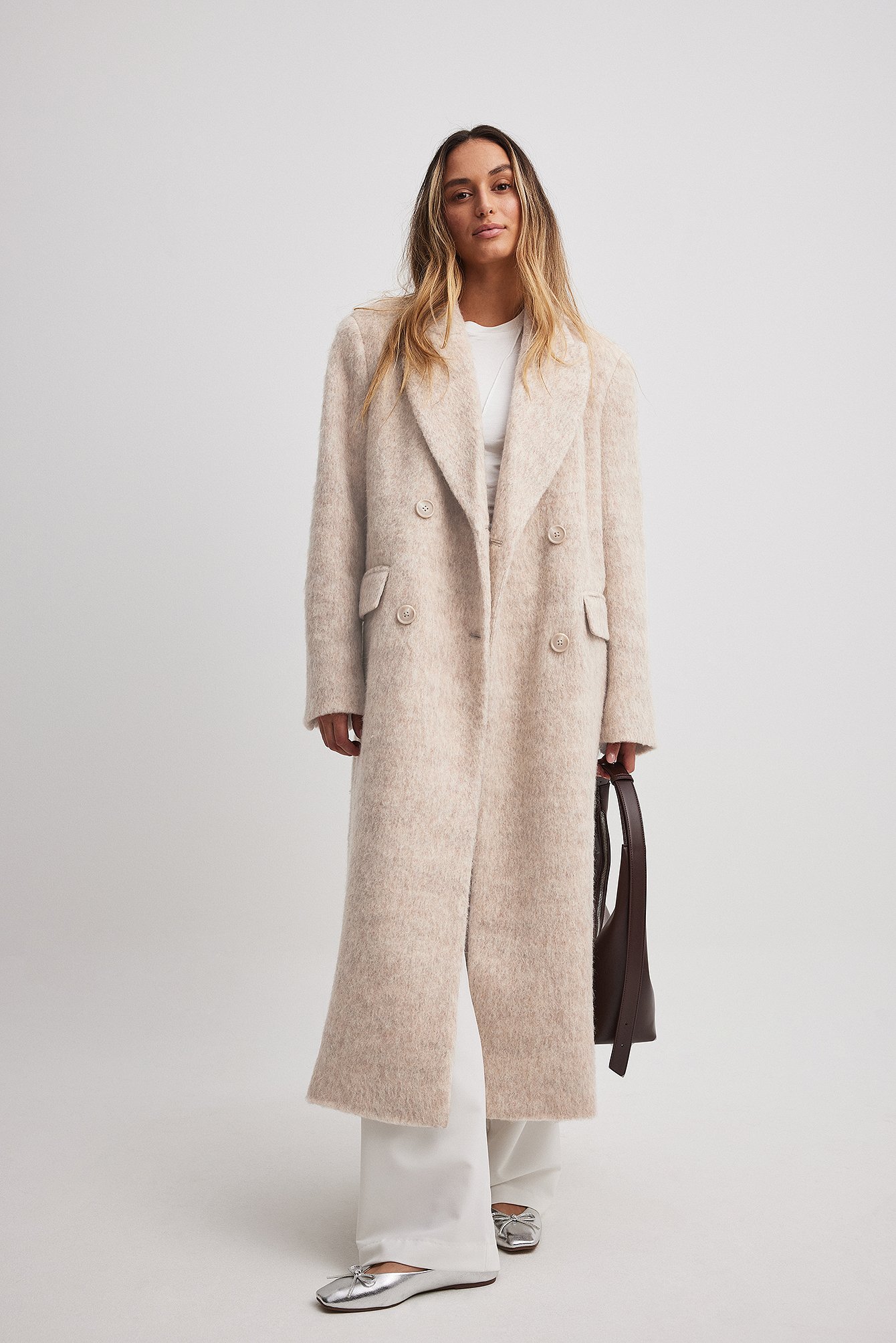 Beige Double Breasted Wool Blend Coat